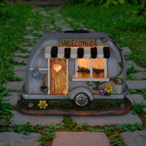 Solar Hand Painted Camping Trailer Statue with Welcome Sign, 5 by 6 Inches | Shop Garden Decor by Exhart