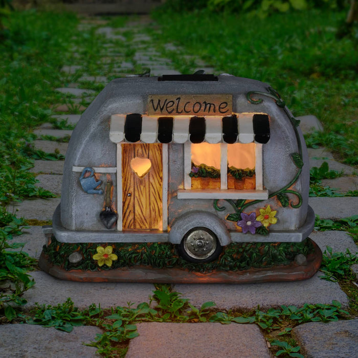 Solar Hand Painted Camping Trailer Statue with Welcome Sign, 5 by 6 Inches