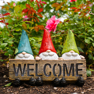 Solar Welcome Sign Held by Three Garden Gnomes Statuary, 13 by 8.5 Inches | Shop Garden Decor by Exhart