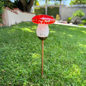 Solar Red Glass Mushroom Stake, 4.5 x 18 Inches | Shop Garden Decor by Exhart