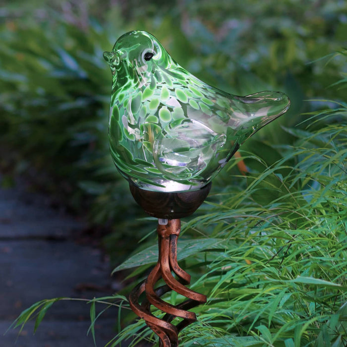 Solar Pearlized Hand Blown Glass Bird Garden Stake in Green, 6 by 31 Inches