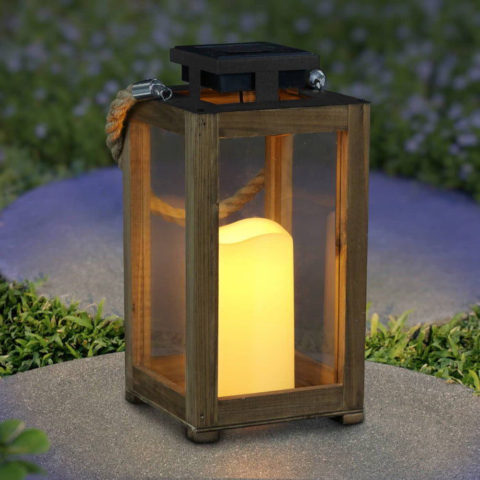 Solar Wood and Glass Lantern w/LED Candle, 5"x5"x11"