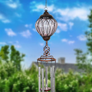 Solar Metal Wire and Glass Wind Chime in Lavender with Linking Oval Pattern and Nine LED Fairy Firefly String Lights, 6  by 32 Inches | Exhart