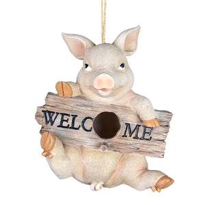 Hand Painted Pig with Welcome Sign Hanging Resin Bird House, 7 x 8.5 x 5.5 Inches | Shop Garden Decor by Exhart