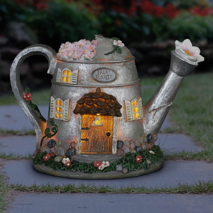 Solar Silver Tea Pot Fairy House Garden Statue, 7 Inch