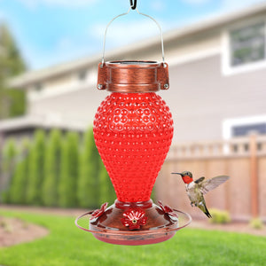 Solar Hanging Hummingbird Feeder with Illuminating Scarlet Glass, Bronze Metal Top and Base, 6.5 x 6.5 x 9.5 Inches | Exhart