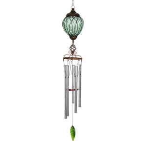 Solar Metal Wire and Glass Wind Chime in Green with Linking Oval Pattern and Nine LED Fairy Firefly String Lights, 6  by 32 Inches | Exhart