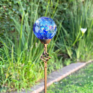 Solar Pearlized Honeycomb Glass Ball Garden Stake with Metal Finial in Dark Blue, 4 by 31 Inches | Shop Garden Decor by Exhart