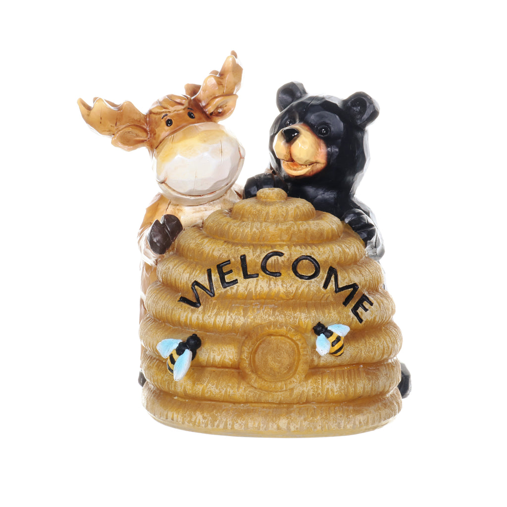 Solar Hand Painted Welcome Bee Hive Statuary with Bear and Moose, 8.5 by 8.5 Inches