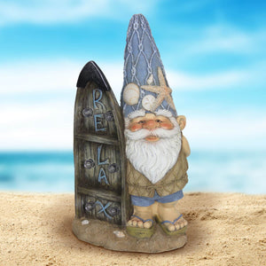 Solar Good Time Surfing Sol Beach Bum Gnome Garden Statue with Relax Marquee Surfboard Sign, 15.5 Inch | Exhart