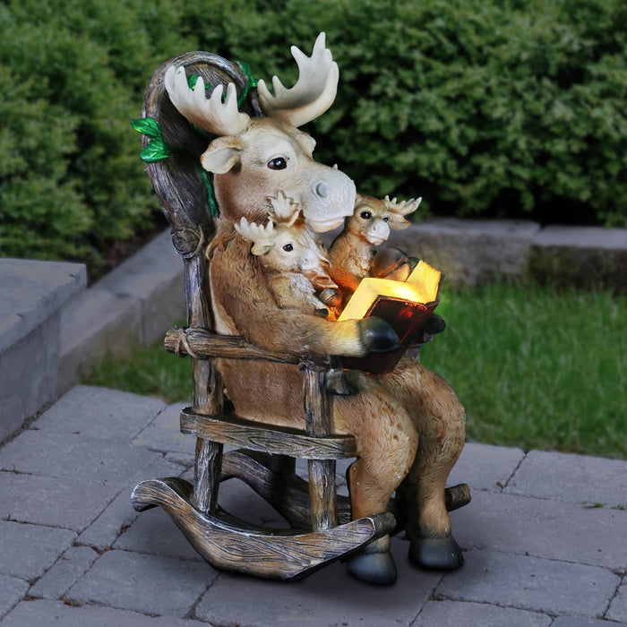 Solar Moose Family Reading a Story in a Rocking Chair Garden Statue, 12 Inch