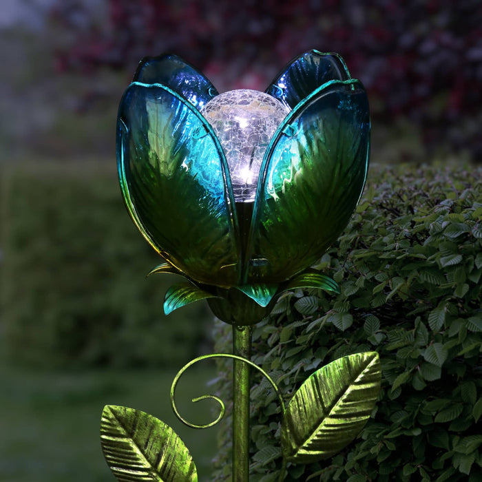 Blue Solar Flower Garden Stake Made of glass and metal, 6 by 36 Inches
