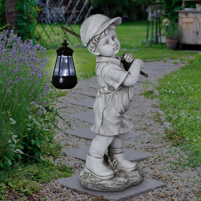 Little Boy Garden Statue with Solar Lantern, 17 Inches