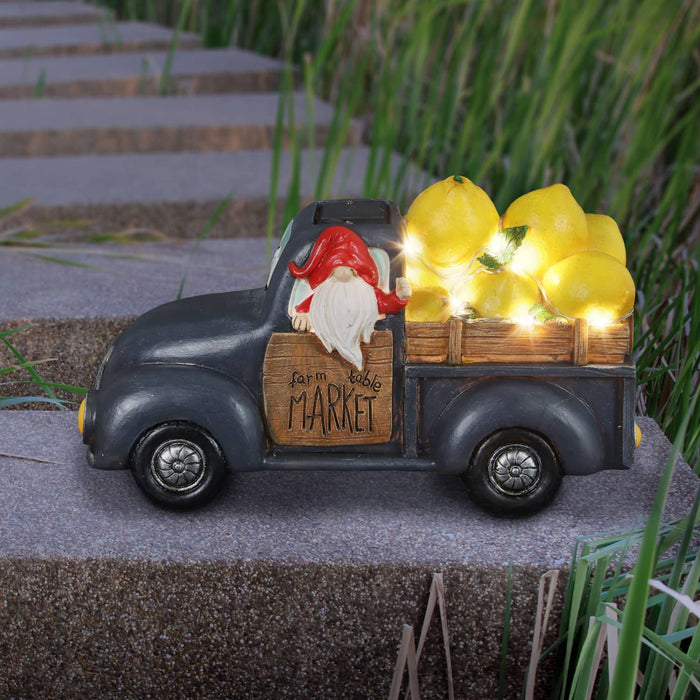 Solar Hand Painted Gnome Driving a Farm to Table Lemon Truck Garden Statue, 10 by 6 Inches