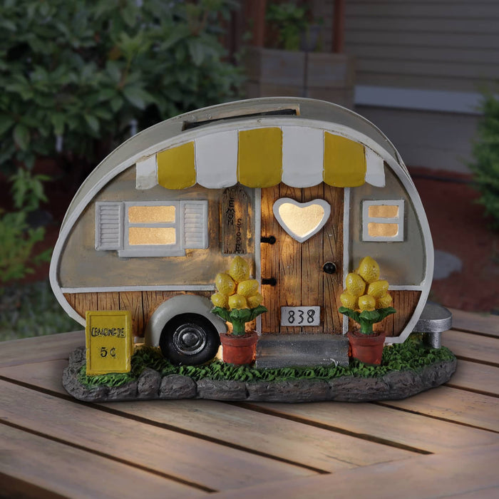 Solar Hand Painted Lemonade Camping Trailer Statue, 9.5 by 6 Inches
