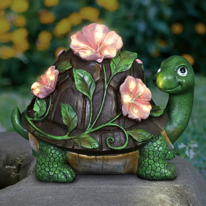 Solar Turtle with Pink Flowers Garden Statue, 8 inch