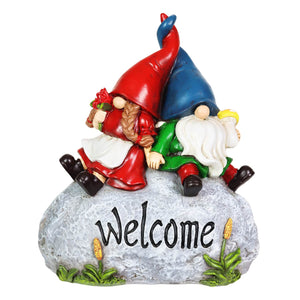 Gnome Couple on a Welcome Stone Garden Statue,7.5 by 8.5 Inches | Shop Garden Decor by Exhart