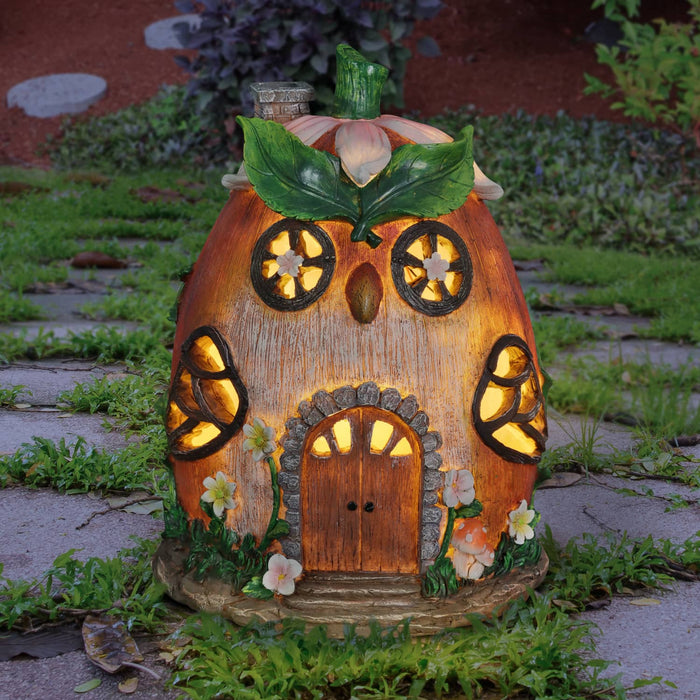Solar Hand Painted Acorn Owl Fairy Garden House Statue, 7 by 9 Inches