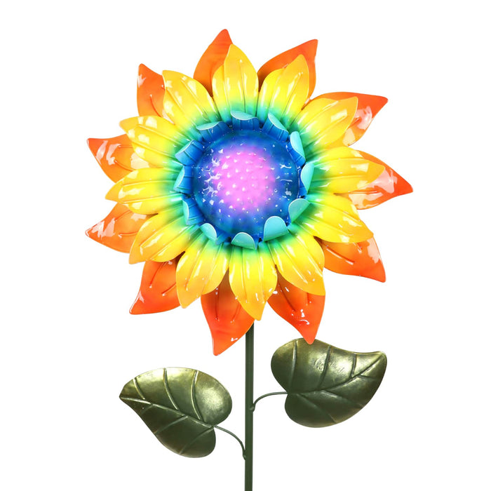 Rainbow Colored Sunflower Bouncing Metal Garden Stake, 11.5 x 5.5 x 40 Inches