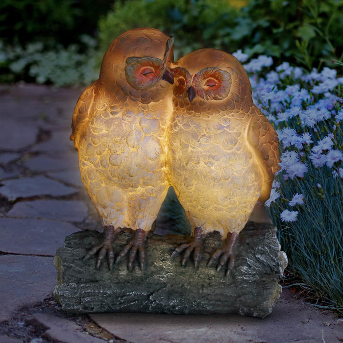 Solar Snuggling Owls on Stump Hand Painted Garden Statue,  4 by 9 inches