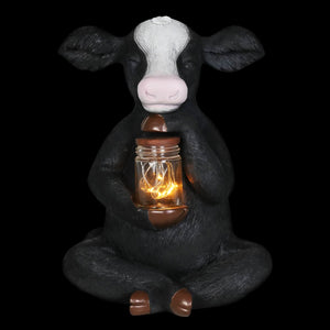 Solar Cow Garden Statue Holding A Glass Jar with 8 LED Firefly String Lights, 7 by 11 Inches | Shop Garden Decor by Exhart