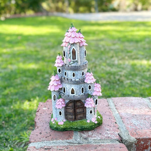 Solar Hand Painted Fairy Castle Garden Statue, Pink Petal Roof, 5.5 by 10 Inches | Shop Garden Decor by Exhart