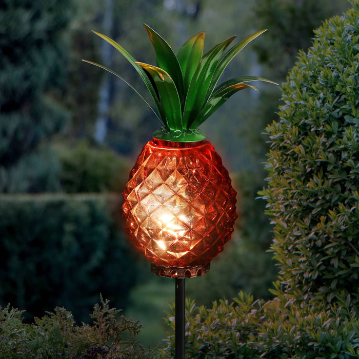 Solar Red Textured Glass Pineapple Garden Stake With Hand Painted Metal Leaf Crown, 4 by 29 Inches