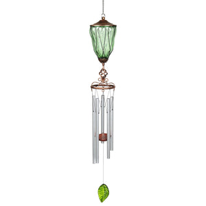 Solar Metal Wire and Glass Wind Chime in Green with Looping Pattern and Nine LED Fairy Firefly String Lights, 6  by 32 Inches | Exhart