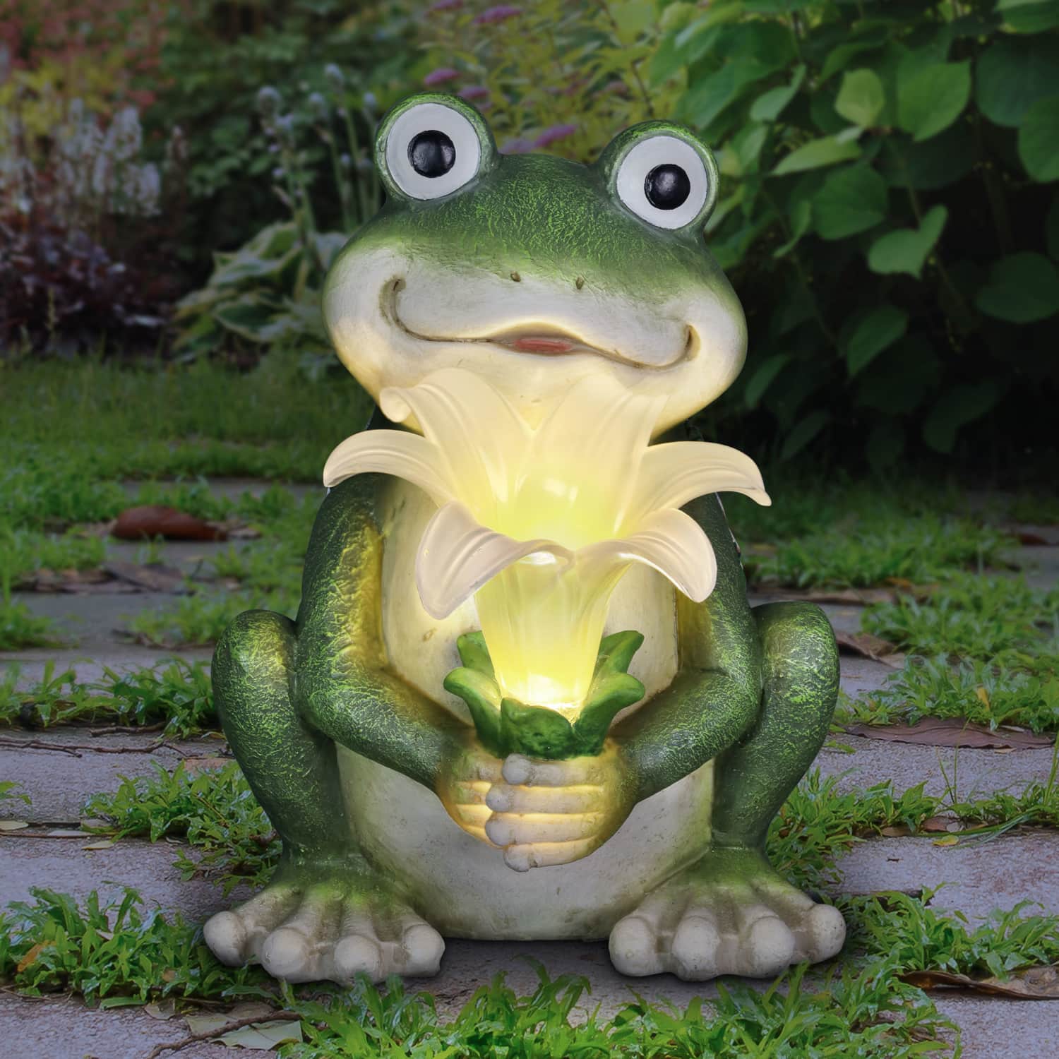 Solar Frog with LED Flower Garden Statuary | Exhart