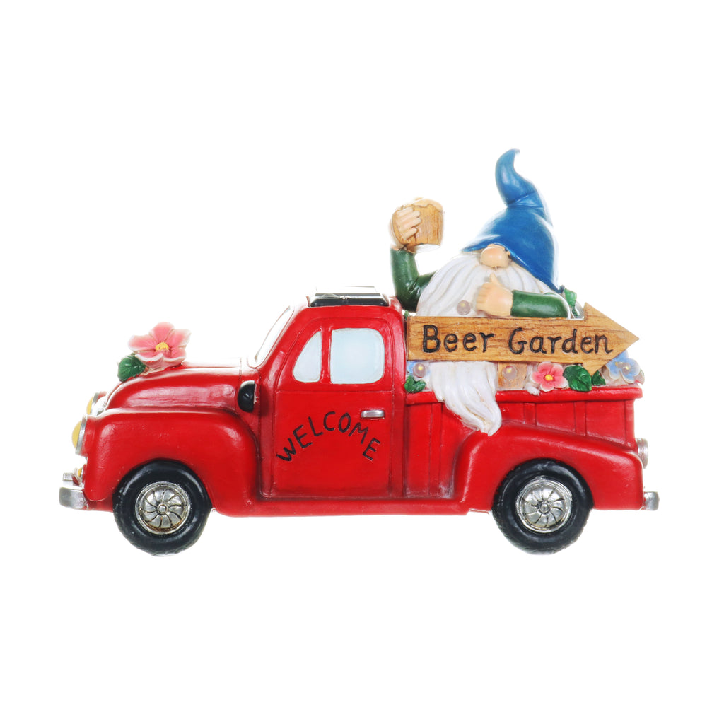 Solar Hand Painted Gnome on a Beer Garden Red Truck Statue, 10 by 7 Inches