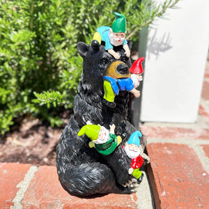 Bear Garden Statue with Gnomes, Hand Painted, UV-Treated Resin, 6.5 x 12 Inches | Shop Garden Decor by Exhart