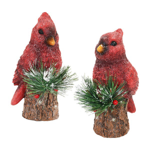 Two Piece Hand Painted Christmas Cardinal Statues with LED lights on a Battery Powered Timer, 8 Inch | Exhart