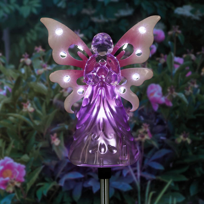 Solar Acrylic Angel with Wings and Twelve LED lights Metal Garden Stake in Pink, 4 by 34 Inches