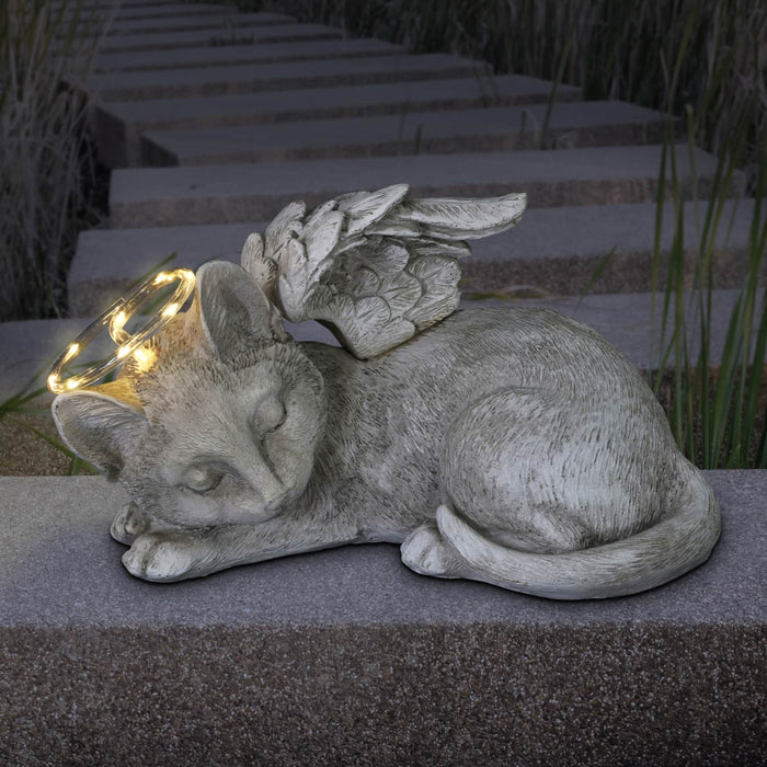 Solar Sleeping Cat with Halo and Angel Wings Memorial Garden Statue, 12 by 7 Inches
