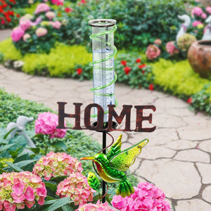 Solar Green Hummingbird Rain Gauge Garden Stake reads HOME, 12.5 by 31.5 Inches | Shop Garden Decor by Exhart