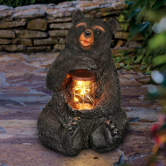 Solar Bear Garden Statue Holding A Glass Jar with Eight LED Firefly String Lights, 8.5 x 10.5 Inch