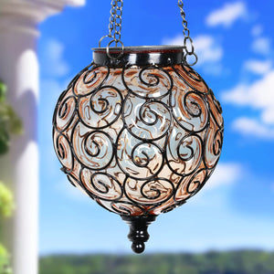 Solar Round Glass and Metal Hanging Lantern in Amber with 15 Cool White LED Firefly String Lights, 7 by 21 Inches | Exhart