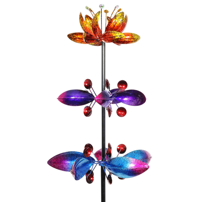 Lotus Flower Wind Spinner Garden Stake with Three Metallic Flowers, 14 by 66 Inches