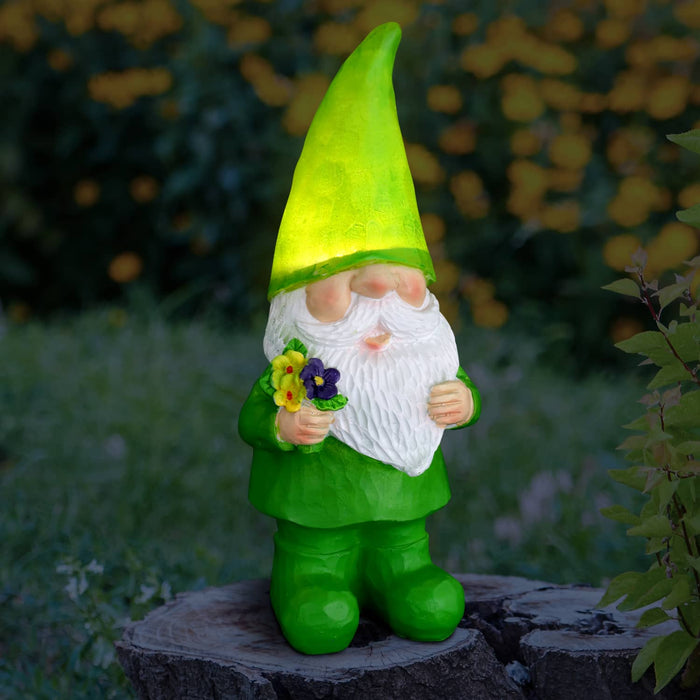 Solar Green Gilbert Woodland Garden Gnome Statue with Mushroom, 11 Inch