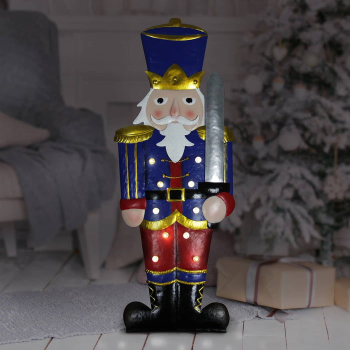 Hand Painted Nutcracker Soldier with LED Blue and Red Uniform on a Battery Powered Automatic Timer, 12 x 31 Inches