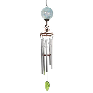 Solar Pearlized Light Blue Honeycomb Glass Ball Wind Chime with Metal Finial Detail, 5 by 46 Inches | Exhart