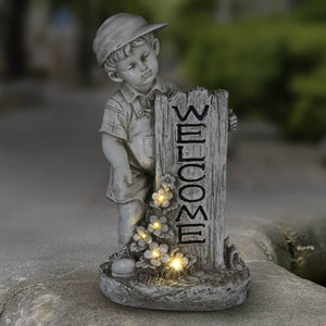 Solar Boy with Welcome Sign Statue in Natural Resin Finish, 17 Inch | Shop Garden Decor by Exhart