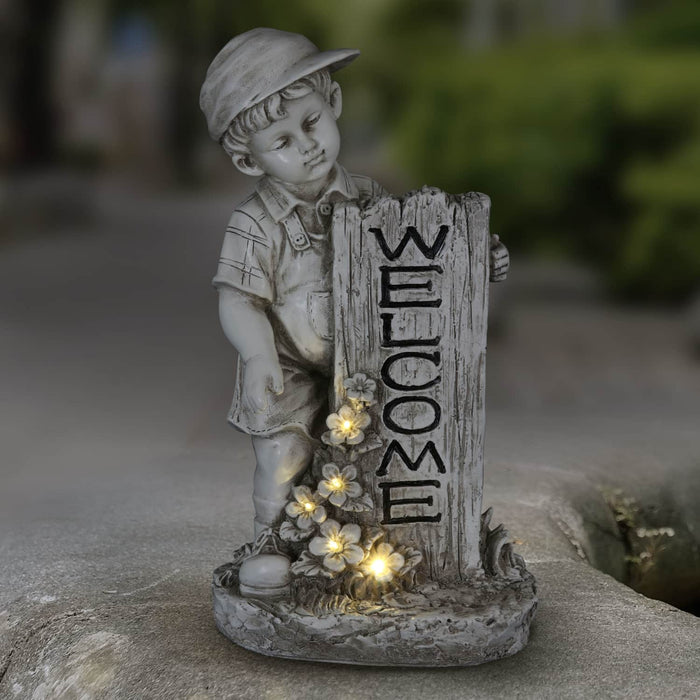 Solar Boy with Welcome Sign Statue in Natural Resin Finish, 17 Inch