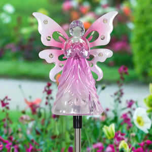 Solar Acrylic Angel with Wings and Twelve LED lights Metal Garden Stake in Pink, 4 by 34 Inches | Shop Garden Decor by Exhart