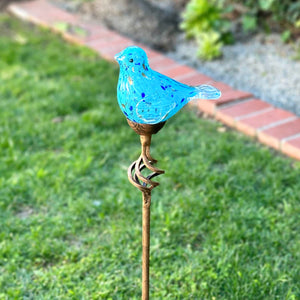 Solar Pearlized Hand Blown Glass Bird Garden Stake in Teal, 6 by 31 Inches | Shop Garden Decor by Exhart