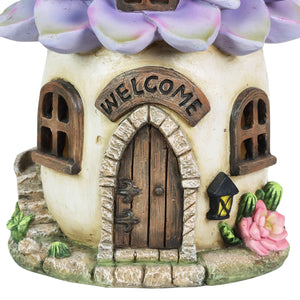 Solar Hand Painted Fairy House Garden Statue, Welcome Sign and Purple Succulent Petal Roof, 7 by 9 Inches | Exhart