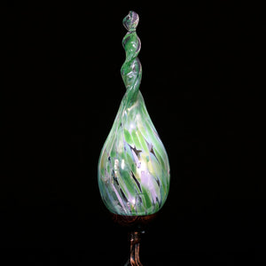 Solar Pearlized Hand Blown Green Glass Twisted Flame Garden Stake with Metal Finial Detail, 36 Inch | Exhart