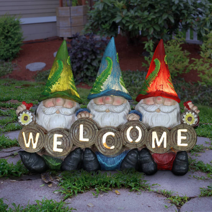 Solar Three Gnomes with Welcome Sign Garden Statuary, 13 by 9 Inches