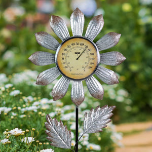 Solar Galvanized Metal Flower Thermometer Garden Stake, 14 by 45 Inches | Shop Garden Decor by Exhart