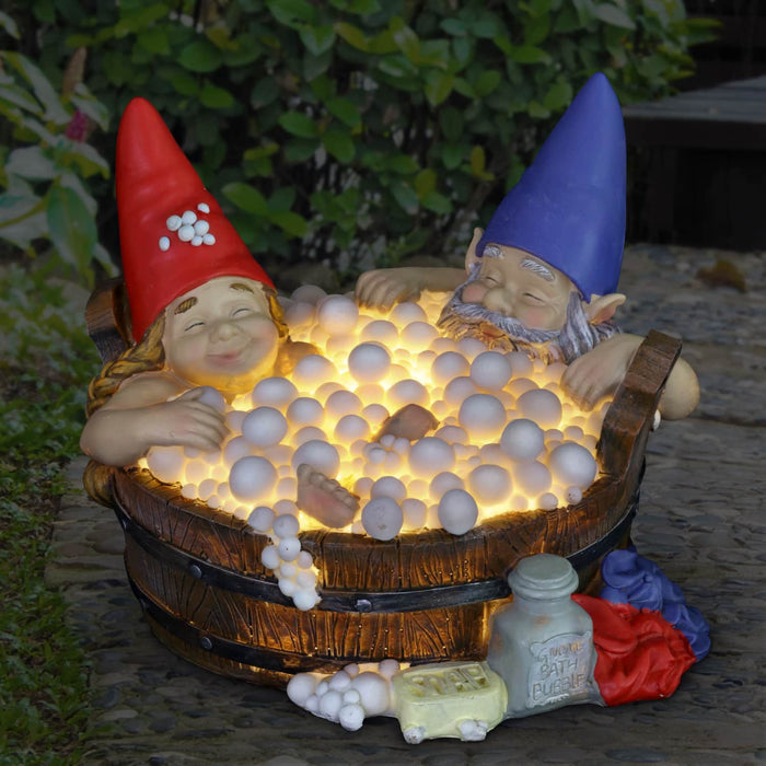 Solar Good Time Bubble Bath Gnomes Garden Statue, 9 by 7 Inches